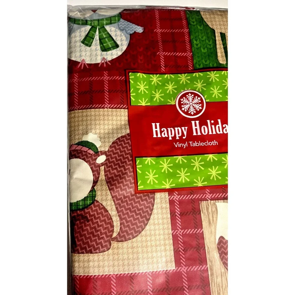 Christmas Fox Deer Squirrel Owl Vinyl Tablecloth Flannel Backed Holiday 60